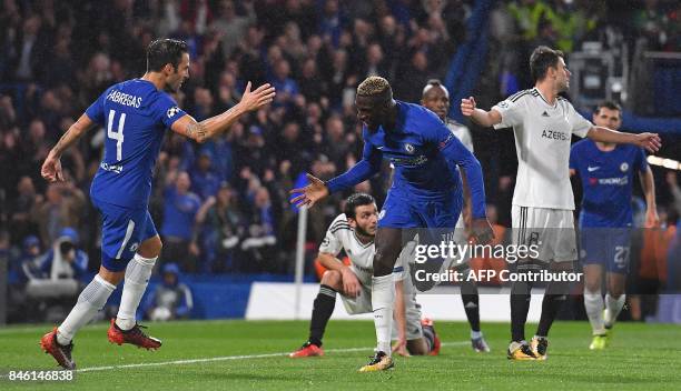 Chelsea's French midfielder Tiemoue Bakayoko celebrates scoring his team's fourth goal during the UEFA Champions League Group C football match...