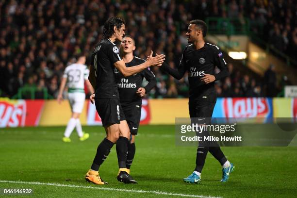 Edinson Cavani of PSG celebrates scoring his sides third goal with Neymar of PSG during the UEFA Champions League Group B match between Celtic and...