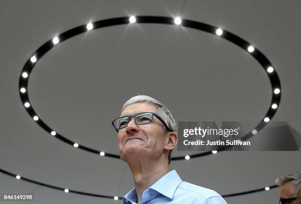 Apple CEO Tim Cook looks on during an Apple special event at the Steve Jobs Theatre on the Apple Park campus on September 12, 2017 in Cupertino,...