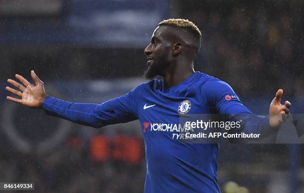 Chelsea's French midfielder Tiemoue Bakayoko celebrates scoring his team's fourth goal during the UEFA Champions League Group C football match...