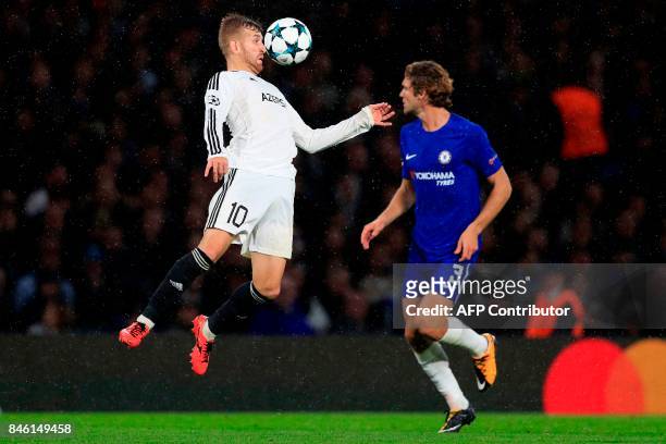 Qarabag's Brazilian midfielder Pedro Henrique controls the ball during the UEFA Champions League Group C football match between Chelsea and Qarabag...