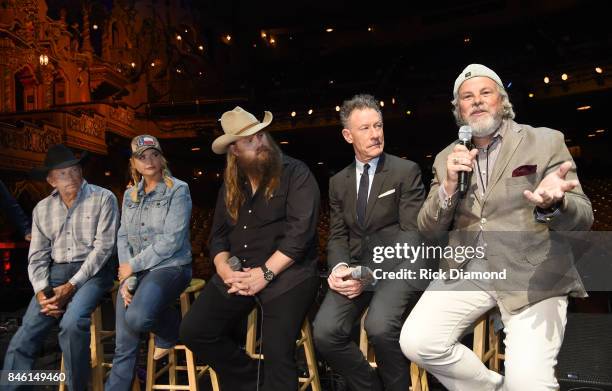 Country Icon George Strait, Musicians Miranda Lambert, Chris Stapleton, Lyle Lovett and Robert Earl Keen speak onstage during a Press Conference held...