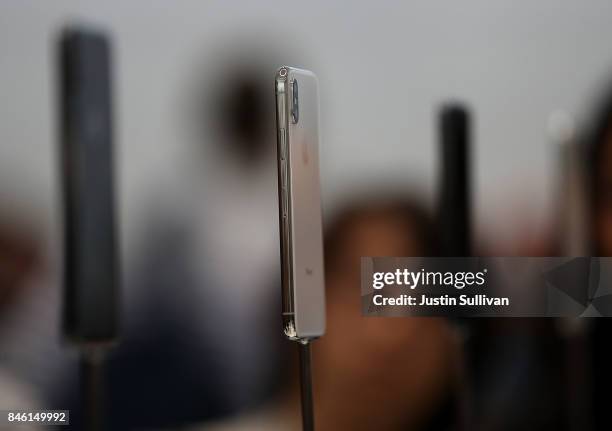 The new iPhone X is displayed during an Apple special event at the Steve Jobs Theatre on the Apple Park campus on September 12, 2017 in Cupertino,...