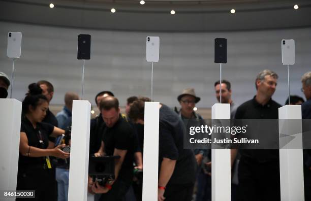 The new iPhone X is displayed during an Apple special event at the Steve Jobs Theatre on the Apple Park campus on September 12, 2017 in Cupertino,...