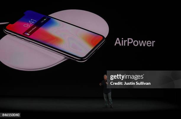 Apple senior vice president of worldwide marketing Phil Schiller introduces AirPower during an Apple special event at the Steve Jobs Theatre on the...