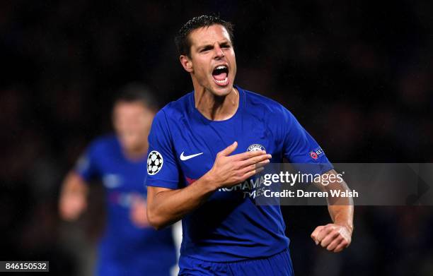 Cesar Azpilicueta of Chelsea celebrates scoring his sides third goal during the UEFA Champions League Group C match between Chelsea FC and Qarabag FK...