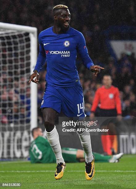 Chelsea's French midfielder Tiemoue Bakayoko celebrates scoring his team's fourth goal with Chelsea's Belgian midfielder Eden Hazard during the UEFA...