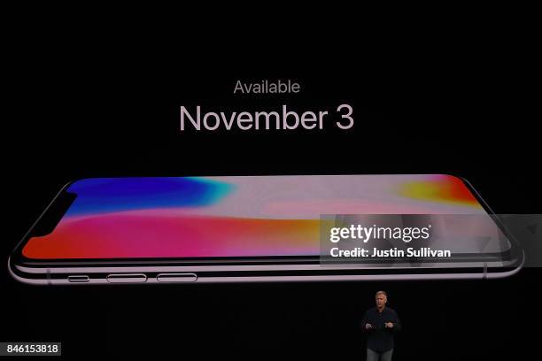 Apple senior vice president of worldwide marketing Phil Schiller introduces the new iPhone X during an Apple special event at the Steve Jobs Theatre...