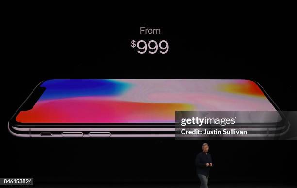 Apple senior vice president of worldwide marketing Phil Schiller introduces the new iPhone X during an Apple special event at the Steve Jobs Theatre...