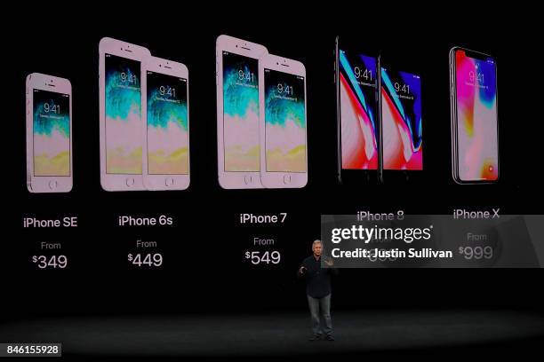 Apple senior vice president of worldwide marketing Phil Schiller introduces the new iPhone X during an Apple special event at the Steve Jobs Theatre...