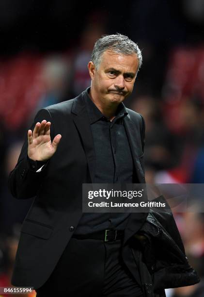 Jose Mourinho, Manager of Manchester United shows appreciation to the fans after the UEFA Champions League Group A match between Manchester United...