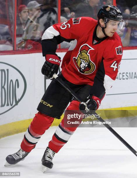 Patrick Wiercioch of the Ottawa Senators plays in the game against the Toronto Maple Leafs at Canadian Tire Centre on March 21, 2015 in Ottawa,...