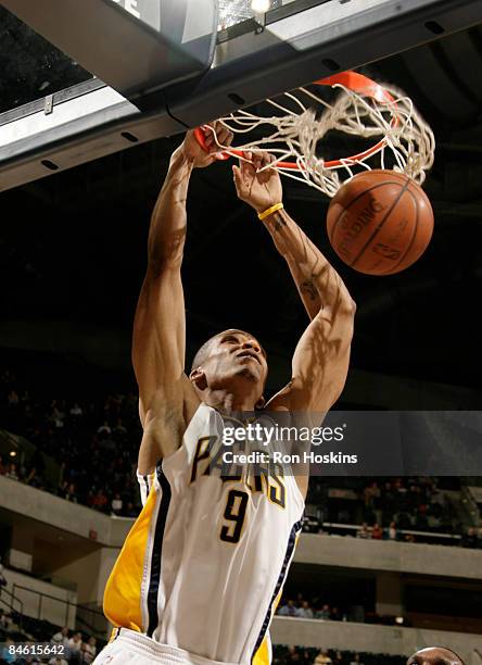 Maceo Baston of the Indiana Pacers jams on the Minnesota Timberwolves at Conseco Fieldhouse February 3, 2009 in Indianapolis, Indiana. NOTE TO USER:...