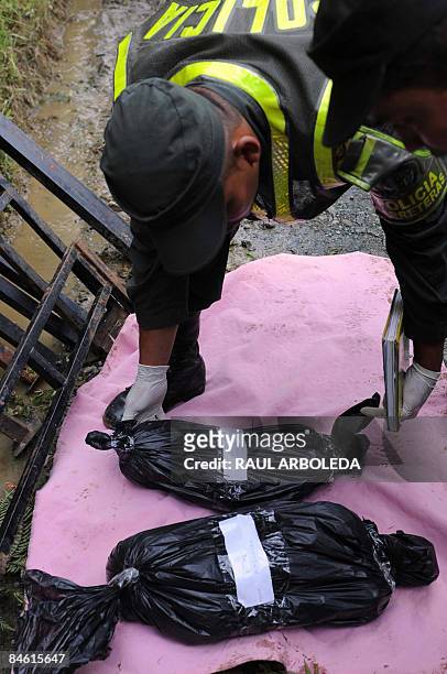 Rescue workers place body bags on the ground with the corpses of two babies who died after a bus traveling from Medellin, Antioquia department, to...