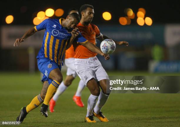 Stefan Payne of Shrewsbury Town and Anton Ferdinand of Southend United during the Sky Bet League One match between Shrewsbury Town and Southend...