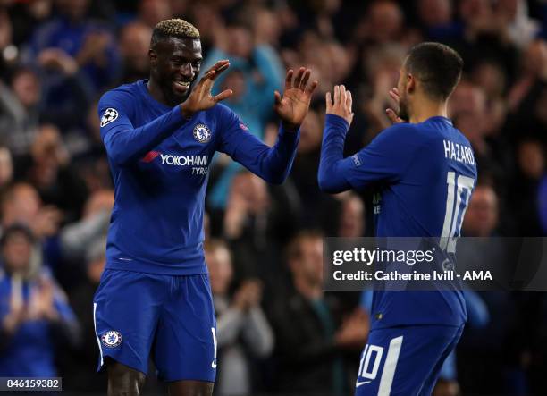 Tiemoue Bakayoko of Chelsea celebrates after scoring with Eden Hazard of Chelsea during the UEFA Champions League group C match between Chelsea FC...