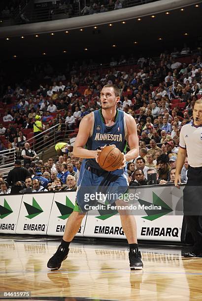 Kevin Love of the Minnesota Timberwolves thinks about shooting during the game against the Orlando Magic on December 3, 2008 at Amway Arena in...