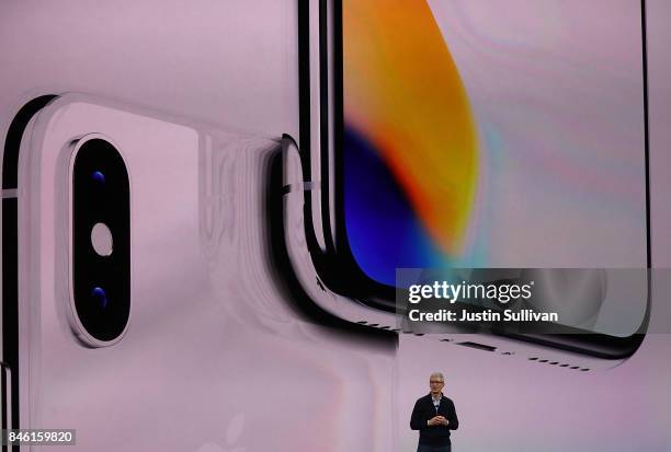 Apple CEO Tim Cook speaks during an Apple special event at the Steve Jobs Theatre on the Apple Park campus on September 12, 2017 in Cupertino,...