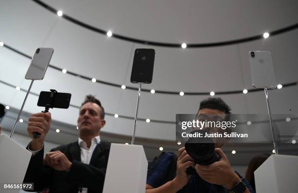 The new iPhone X is displayed during an Apple special event at the Steve Jobs Theatre on the Apple Park campus on September 12, 2017 in Cupertino,...