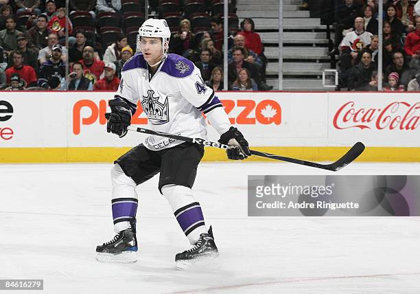 Davis Drewiske of the Los Angeles Kings skates in his first career NHL game against the Ottawa Senators at Scotiabank Place on February 3, 2009 in...