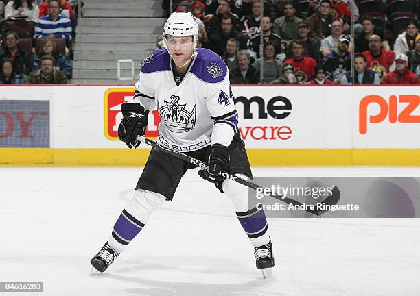 Davis Drewiske of the Los Angeles Kings skates in his first career NHL game against the Ottawa Senators at Scotiabank Place on February 3, 2009 in...