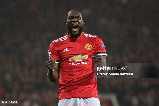 Romelu Lukaku of Manchester United celebrates scoring his sides second goal during the UEFA Champions League group A match between Manchester United...