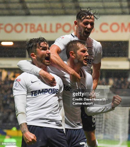 Preston North End's Sean Maguire is congratulated on scoring his sides 2nd goal during the Sky Bet Championship match between Preston North End and...
