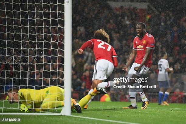 Romelu Lukaku of Manchester United celebrates with Marouane Fellaini of Manchester United after the first goal during the UEFA Champions League group...