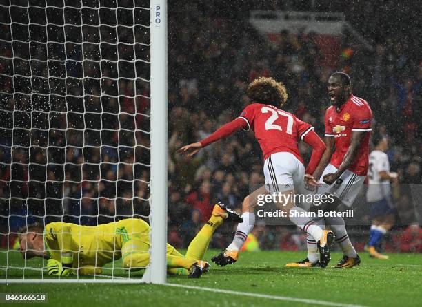 Romelu Lukaku of Manchester United celebrates with Marouane Fellaini of Manchester United after the first goal during the UEFA Champions League group...