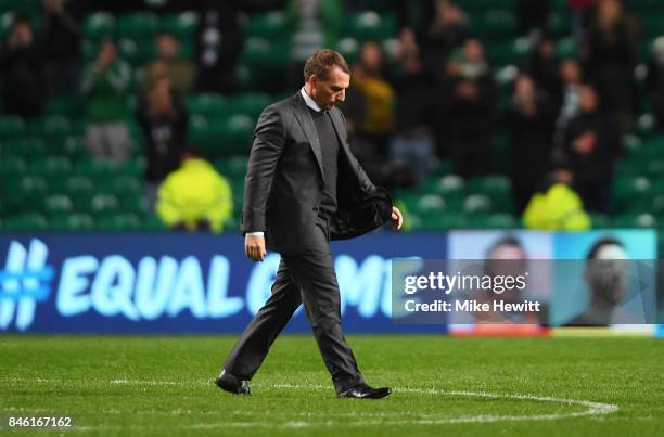 Brendan Rodgers manager of Celtic walks off dejected after the UEFA Champions League Group B match between Celtic and Paris Saint Germain at Celtic...