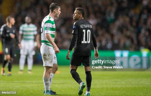 Anthony Ralston of Celtic has words with Neymar of Paris Saint Germain during the UEFA Champions League Match between Celtic and Paris Saint Germain...