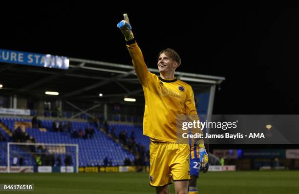 Dean Henderson of Shrewsbury Town celebrates at full time during the Sky Bet League One match between Shrewsbury Town and Southend United at...
