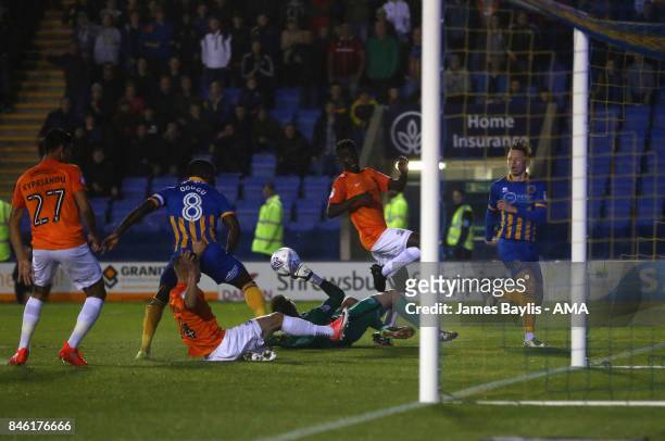 Jon Nolan of Shrewsbury Town scores a goal to make it 1-0 during the Sky Bet League One match between Shrewsbury Town and Southend United at...