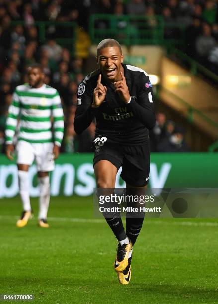 Kylian Mbappe of PSG celebrates scoring his sides second goal during the UEFA Champions League Group B match between Celtic and Paris Saint Germain...