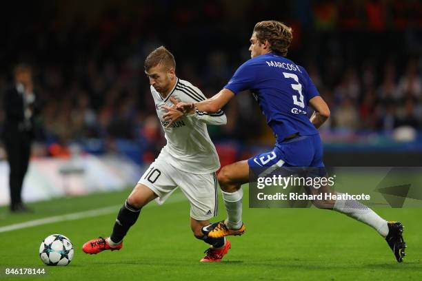 Pedro Henrique of Qarabag FK is fouled by Marcos Alonso of Chelsea during the UEFA Champions League Group C match between Chelsea FC and Qarabag FK...