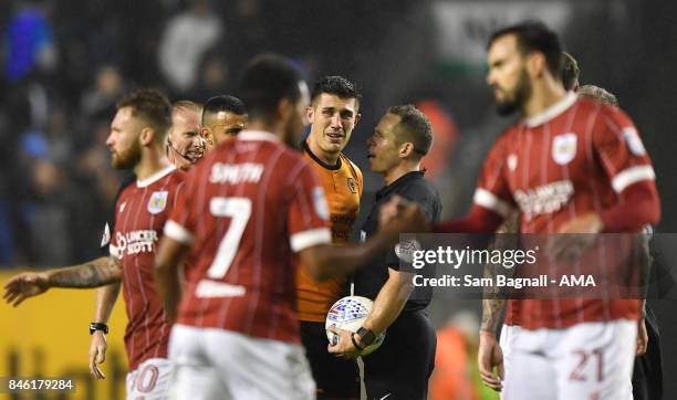 Danny Batth of Wolverhampton Wanderers speaks with referee Steve Martin at full time during the Sky Bet Championship match between Wolverhampton and...