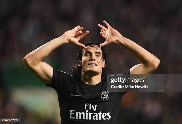 Edinson Cavani of PSG celebrates scoring his sides third goal during the UEFA Champions League Group B match between Celtic and Paris Saint Germain...