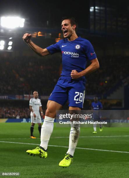 Cesar Azpilicueta of Chelsea celebrates scoring his sides third goal during the UEFA Champions League Group C match between Chelsea FC and Qarabag FK...