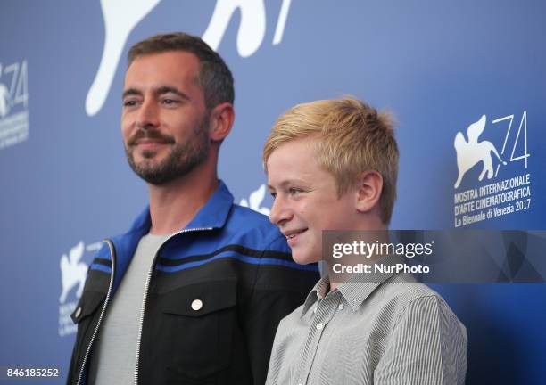Venice, Italy. 08 September, 2017. Thomas Gioria and Xavier Legrand and Mathilde Auneveux attends the photocall of the movie 'Jusqu' la Garde'...
