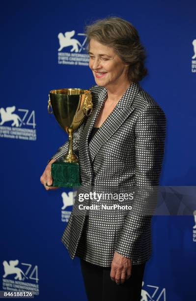 Venice, Italy. 09 September, 2017. Charlotte Rampling poses with the Coppa Volpi for Best Actress Award for 'Hannah' at the Award Winners photocall...