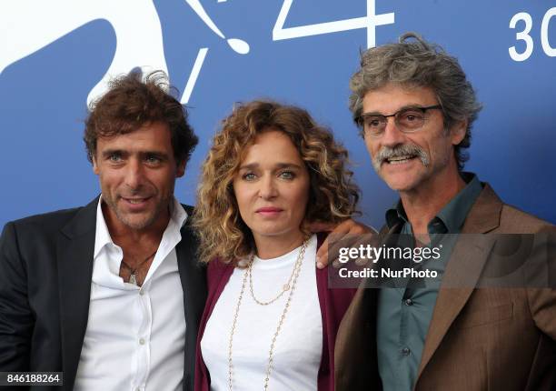 Venice, Italy. 07 September, 2017: Adriano Giannini, Valeria Golino and Silvio Soldini attends the 'Emma ' photocall during the 74th Venice Film...