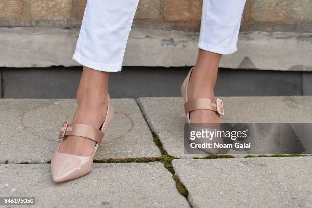 Model, shoe detail, poses for Helen Yarmak presentation during New York Fashion Week at The Crown Building on September 12, 2017 in New York City.