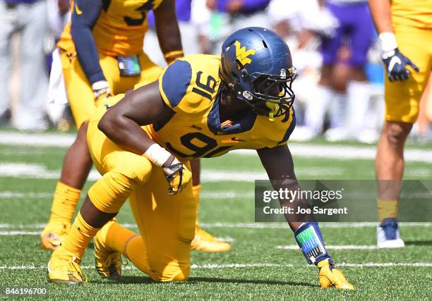 Ezekiel Rose of the West Virginia Mountaineers in action during the game against the East Carolina Pirates at Mountaineer Field on September 9, 2017...