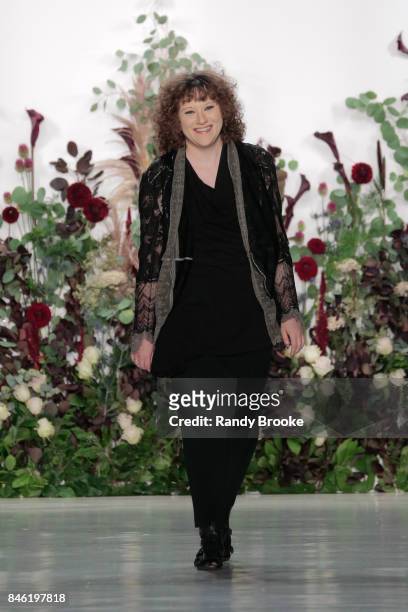 Designer Mimi Prober greets the audience on the runway after the Mimi Prober - Runway - September 2017 - New York Fashion Week: The Shows on...