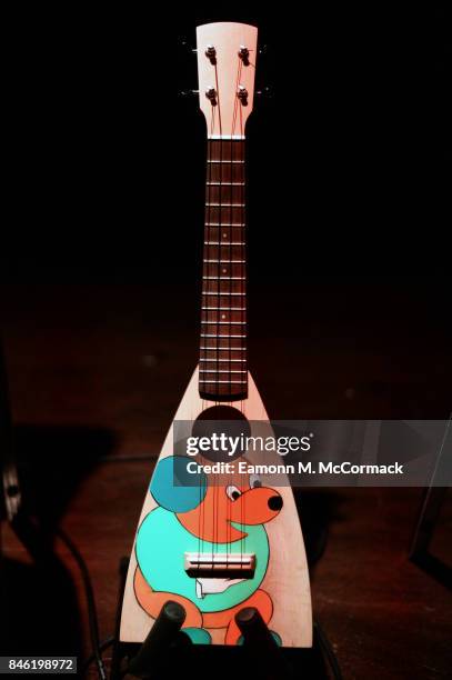 Art on a Ukulele' instruments in place before The Ukulele Orchestra of Great Britain take the stage at the Art On A Ukulele Concert At The Jazz Cafe...