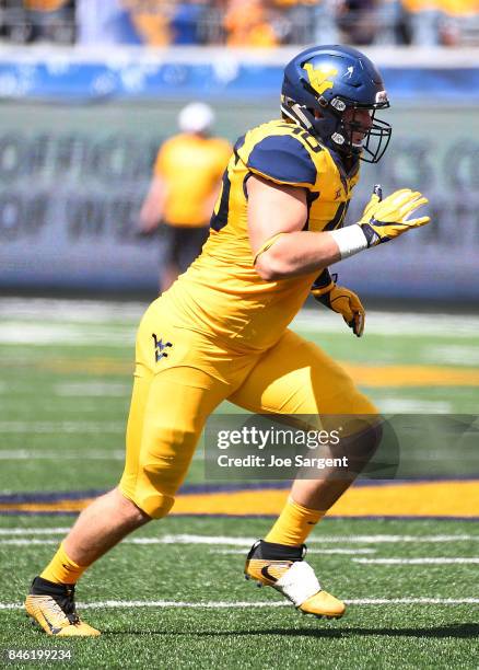 Reese Donahue of the West Virginia Mountaineers in action during the game against the East Carolina Pirates at Mountaineer Field on September 9, 2017...