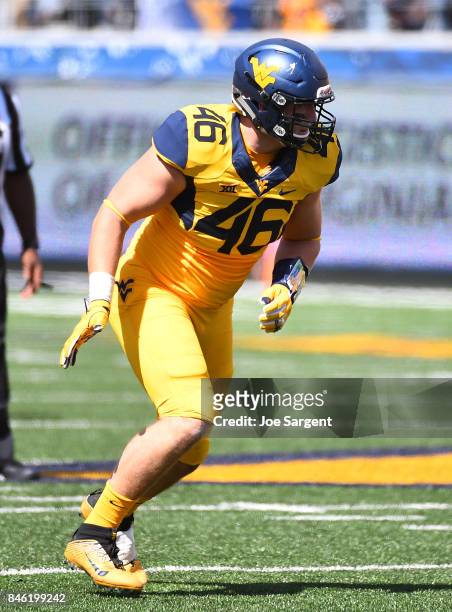 Reese Donahue of the West Virginia Mountaineers in action during the game against the East Carolina Pirates at Mountaineer Field on September 9, 2017...