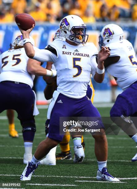 Gardner Minshew of the East Carolina Pirates in action during the game against the West Virginia Mountaineers at Mountaineer Field on September 9,...