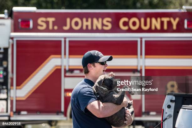 St. Johns County fireman TJ Hollings rescues a dog from flood waters caused by Hurricane Irma Sept. 12, 2017 in Hastings, Florida, United States. The...