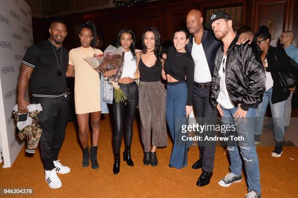 Jamie Foxx, Nala Wayans, Corinne Fox, and Keenan Ivory Wayans attend backstage at the Sherri Hill NYFW SS18 fashion show at Gotham Hall on September...